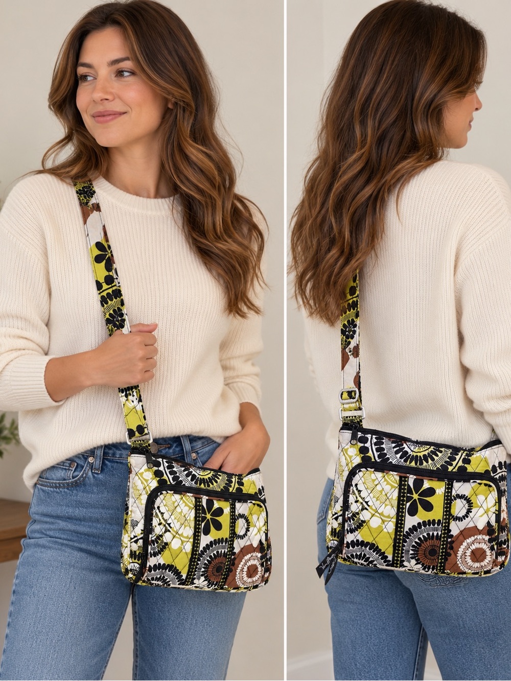 Vera Bradley Baroque Retired Crossbody Hipster Bag Yellow Black Floral Quilted